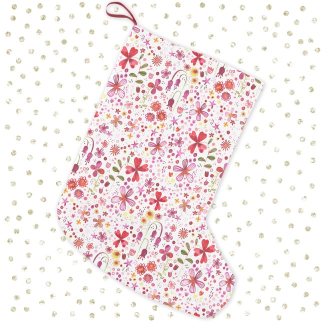 Modern Floral Watercolor Small Christmas Stocking (Pretty red and white wildflower floral watercolor pattern Christmas stocking)