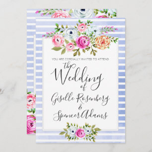 Modern Floral Watercolor Stripe Wedding Invitation