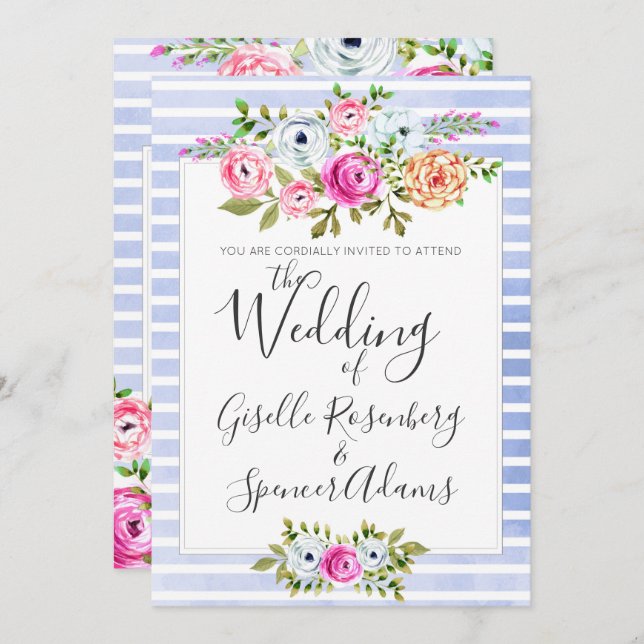 Modern Floral Watercolor Stripe Wedding Invitation (Front/Back)