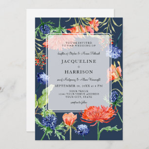 Modern Floral Watercolor Summer Navy Mum Thistle Invitation