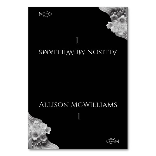 Modern Floral Wedding Black and White Fish Table Number (Front)