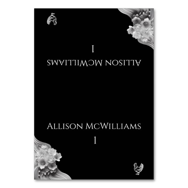 Modern Floral Wedding Black and White Poultry Table Number (Front)