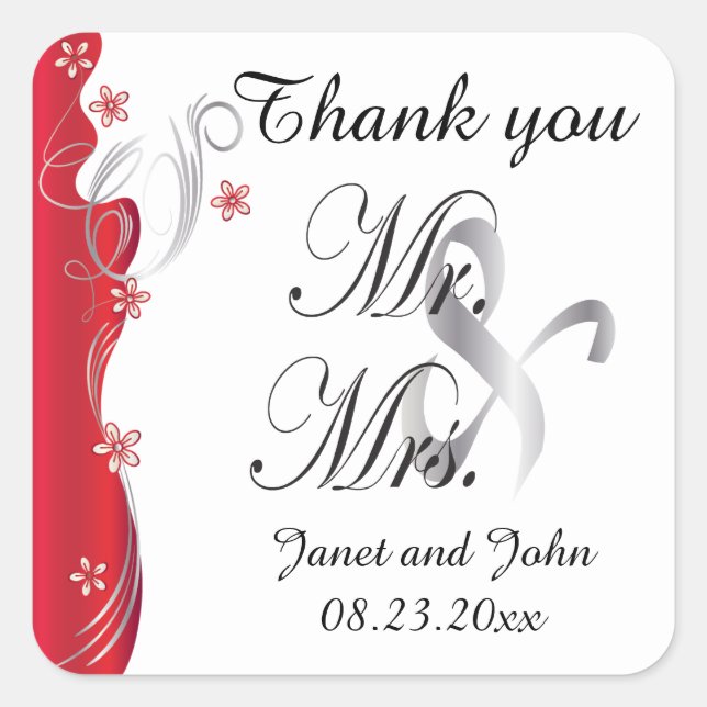 Modern Floral Wedding | Deep Red and Silver Square Sticker (Front)