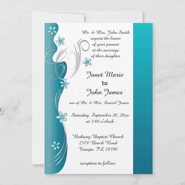Modern Floral Wedding | Turquoise and Silver Invitation (Front)