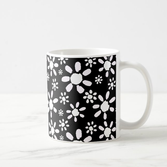 Modern Floral White Black Flower Pattern Coffee Mug (Right)
