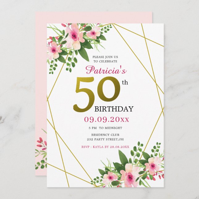 Modern Floral White Pink And Gold 50th Birthday Invitation (Front/Back)