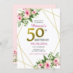 Modern Floral White Pink And Gold 50th Birthday Invitation