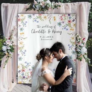 Modern Floral Wildflowers Wedding Photo Backdrop Tapestry