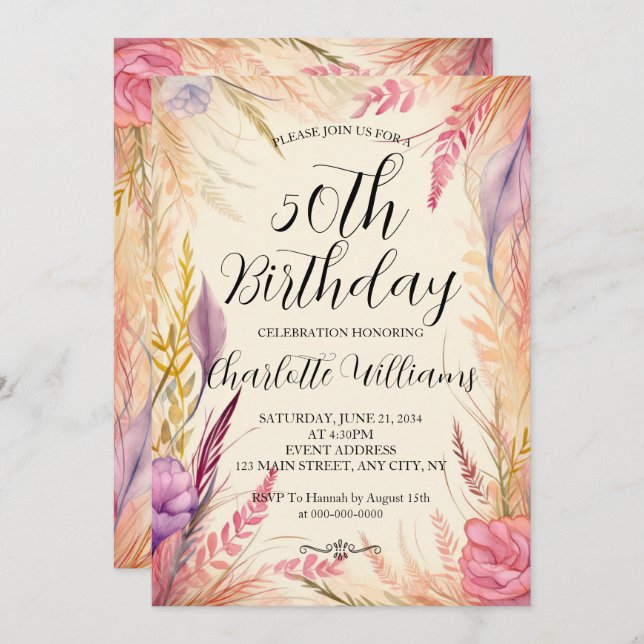 Modern Floral Women 50th Birthday Invitation (Front/Back)