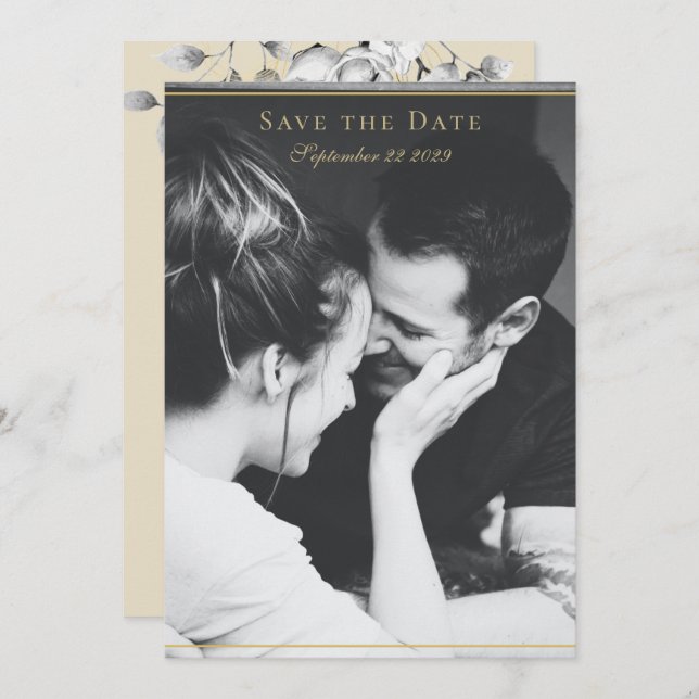 Modern Floral Wreath Black White Gold Wedding Save The Date (Front/Back)