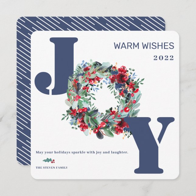 Modern floral wreath Merry Christmas Joy blue Holiday Card (Front/Back)