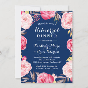 Modern Floral Wreath Navy Blue Rehearsal Dinner Invitation