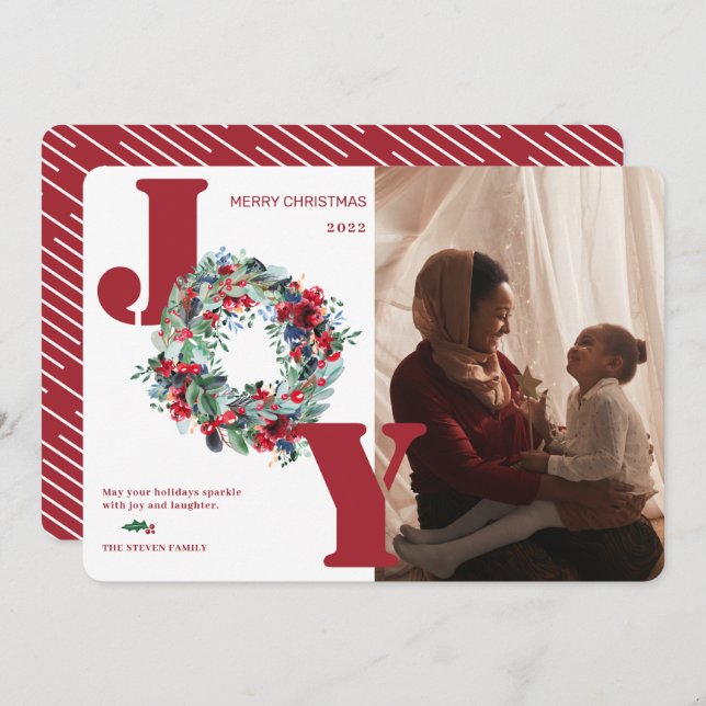 Modern floral wreath photo Christmas Joy red Holiday Card (Front/Back)
