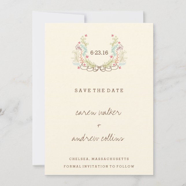 Modern Floral Wreath Save the Date card (Front)