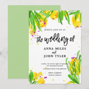 Modern Floral Yellow Green Violet Calligraphy Invitation