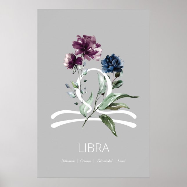 Modern Floral Zodiac Star Sign Libra Poster (Front)