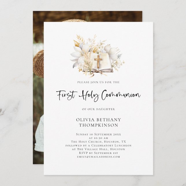 Modern Florals Bible Photo First Holy Communion Invitation (Front/Back)
