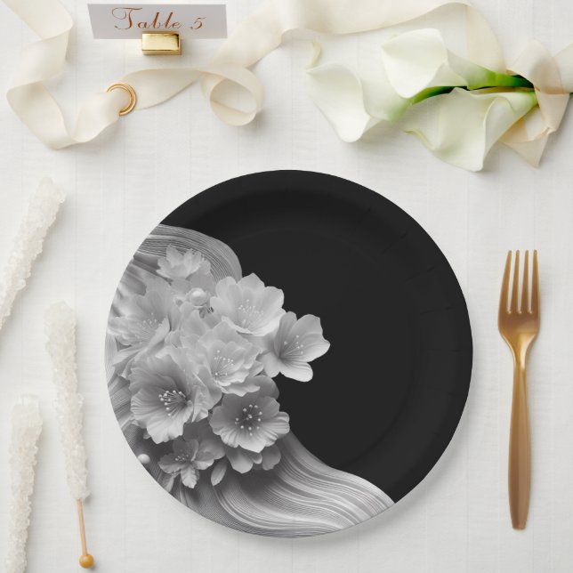 Modern Florals Black and White Wedding Paper Plate (Wedding)