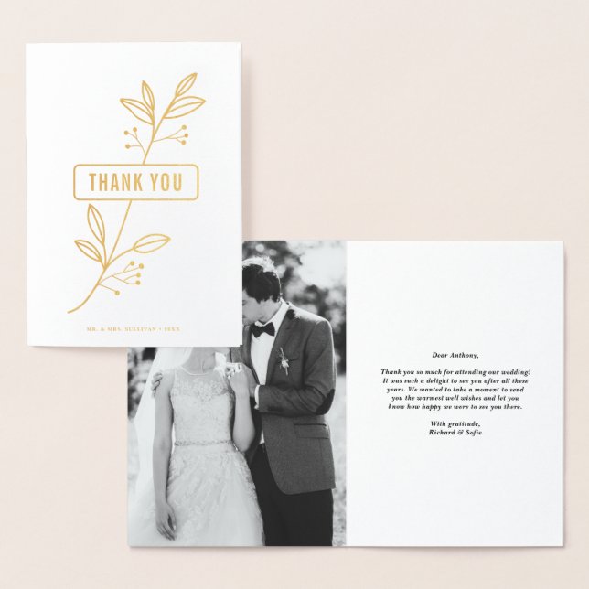 Modern Florals Gold Foil Photo Wedding Thank You Foil Card (Display)