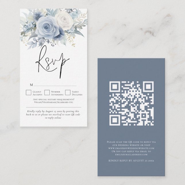 Modern Florals QR Code Dusty Blue Wedding RSVP Enclosure Card (Front/Back)