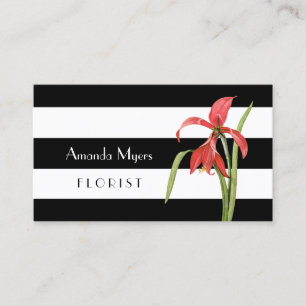 Modern Florist Black White Stripes With Amaryllis Business Card