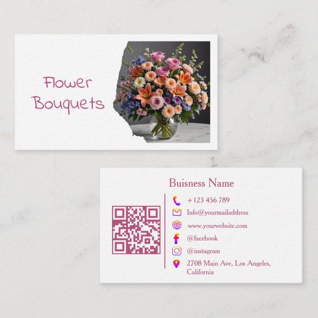 Modern Florist Flower Shop Bouquet QR Code Photo Business Card (Front/Back)