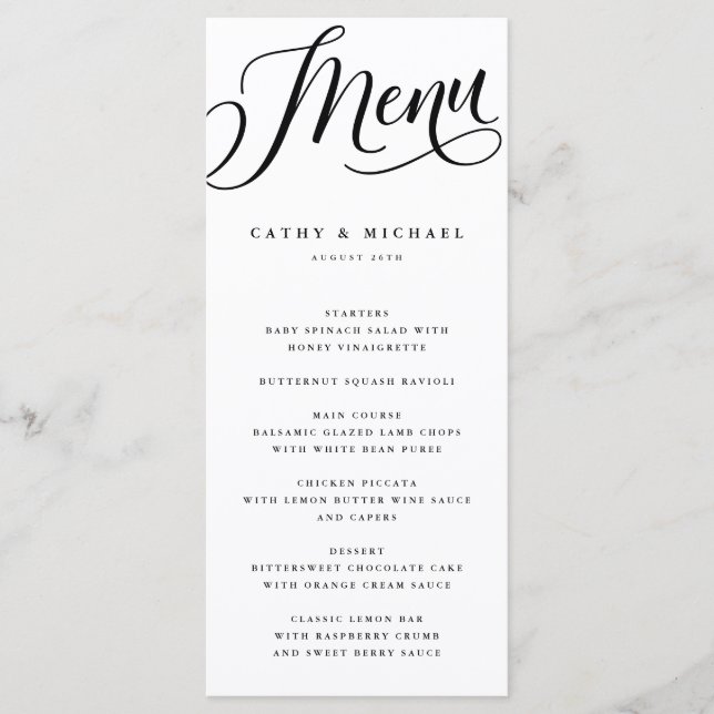 Modern Flourish Script, Black and White Tall Menu (Front)