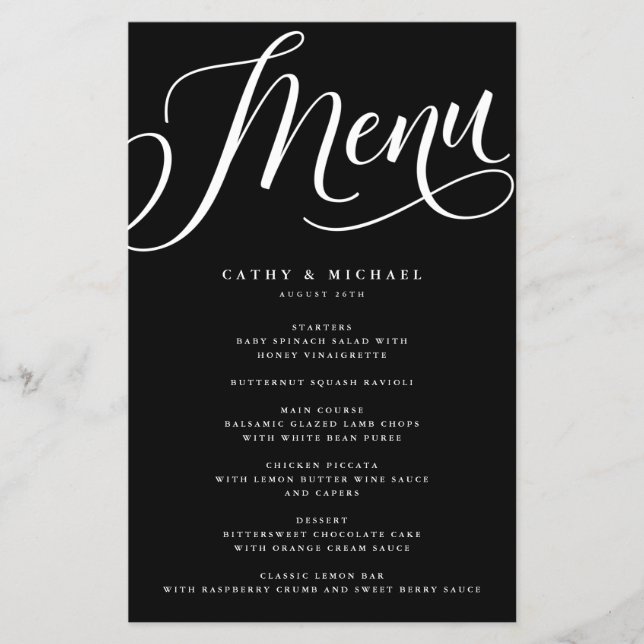 Modern Flourish Script, Black Paper Menu (Front)