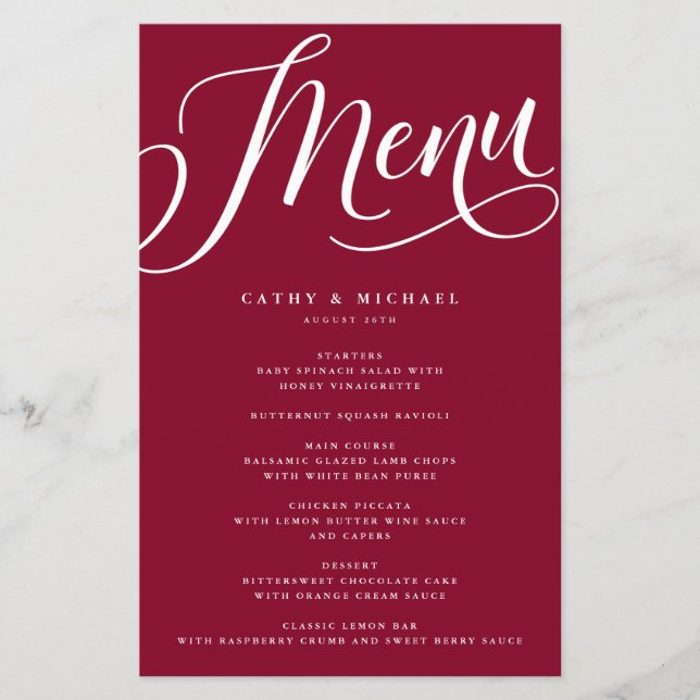 Modern Flourish Script, Burgundy Paper Menu (Front)