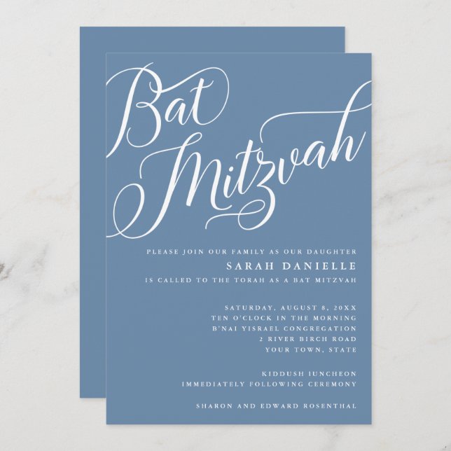 Modern Flourish Script, Dusty Blue Bat Mitzvah Invitation (Front/Back)