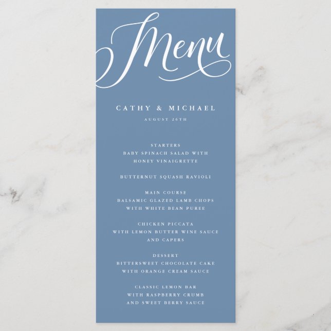 Modern Flourish Script, Dusty Blue Menu (Front)