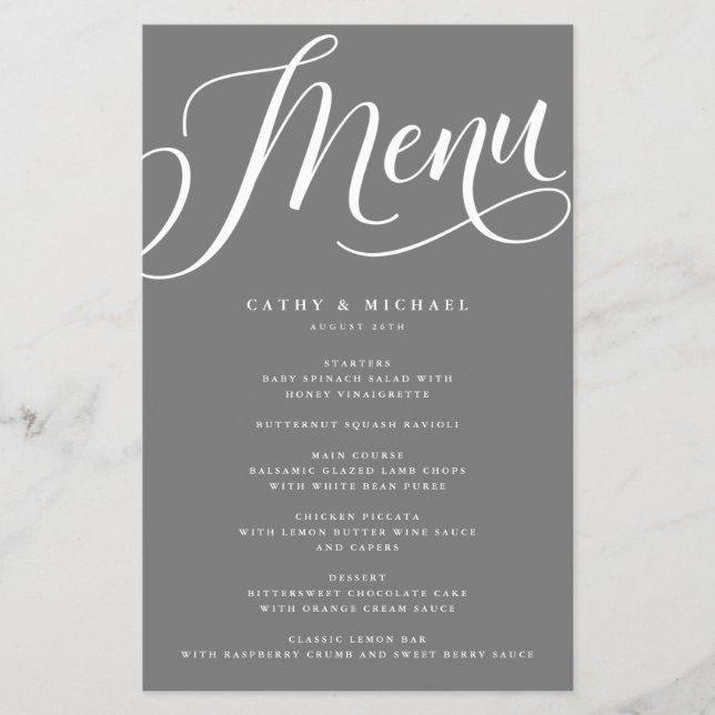 Modern Flourish Script, Grey Paper Menu (Front)