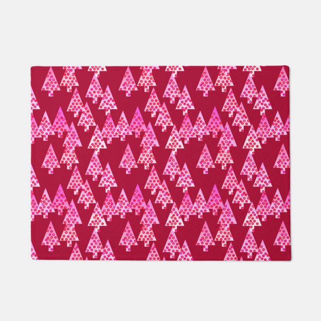 Modern Flower Christmas Trees Burgundy and Pink Doormat (Front)