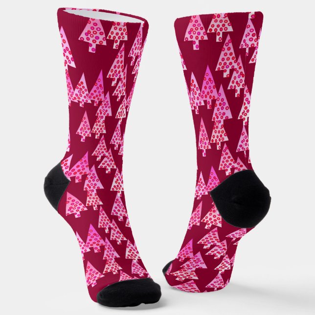 Modern Flower Christmas Trees, Burgundy & Pink Socks (Angled)