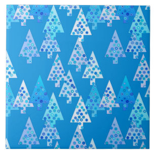 Modern flower Christmas trees - cerulean blue Ceramic Tile