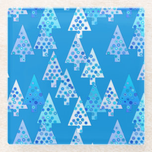 Modern flower Christmas trees - cerulean blue Glass Coaster
