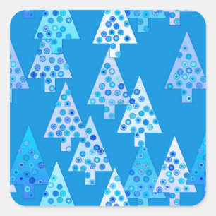 Modern flower Christmas trees - cerulean blue Square Sticker