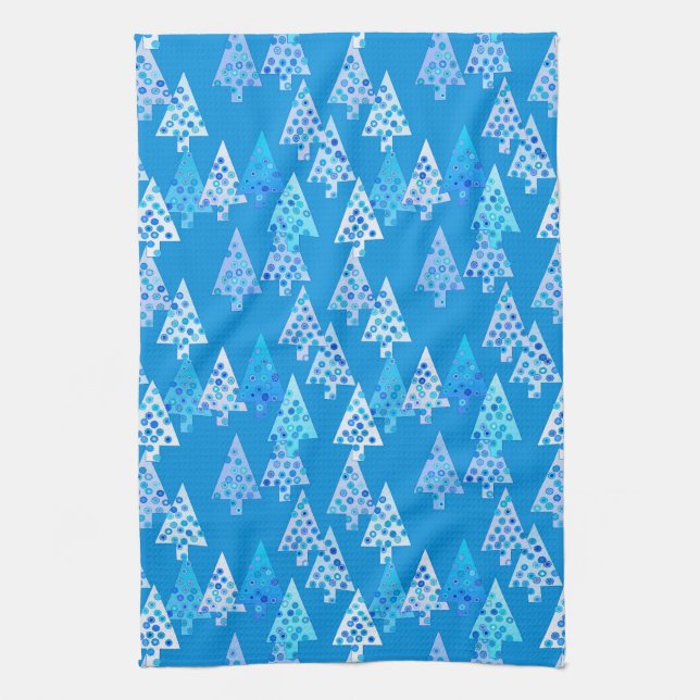 Modern flower Christmas trees - cerulean blue Tea Towel (Vertical)