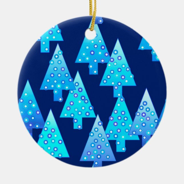 Modern flower Christmas trees - cobalt blue Ceramic Ornament (Front)