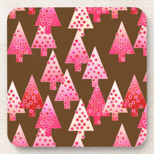 Modern flower Christmas trees - coral & brown Coaster