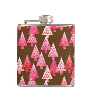 Modern flower Christmas trees - coral & brown Hip Flask