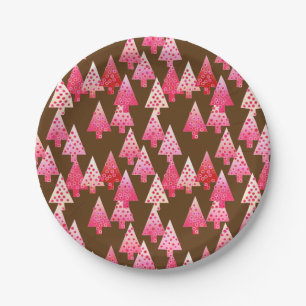 Modern flower Christmas trees - coral & brown Paper Plate