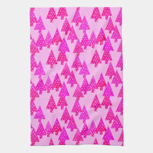 Modern flower Christmas trees - fuchsia pink Tea Towel