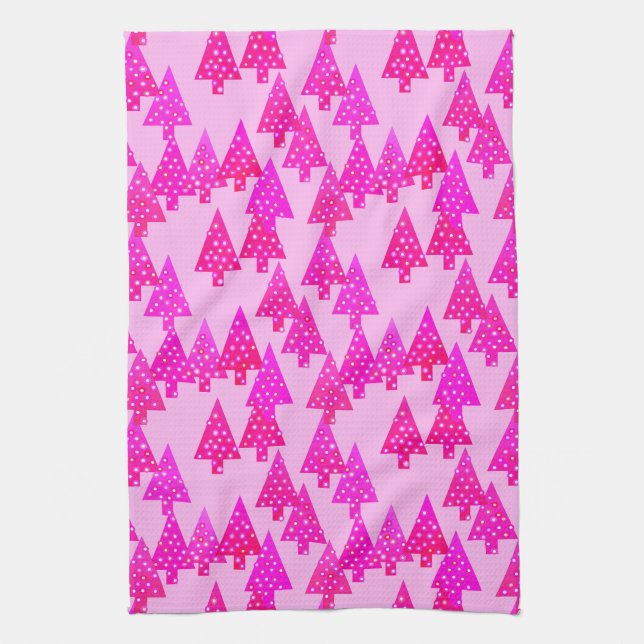Modern flower Christmas trees - fuchsia pink Tea Towel (Vertical)
