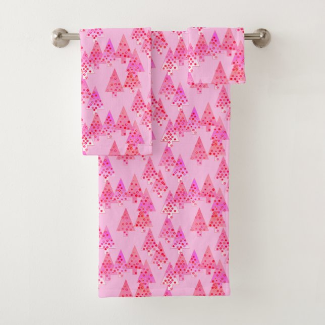 Modern Flower Christmas Trees, Pastel Pink Bath Towel Set (Insitu)