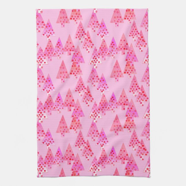 Modern flower Christmas trees - pastel pink Tea Towel (Vertical)