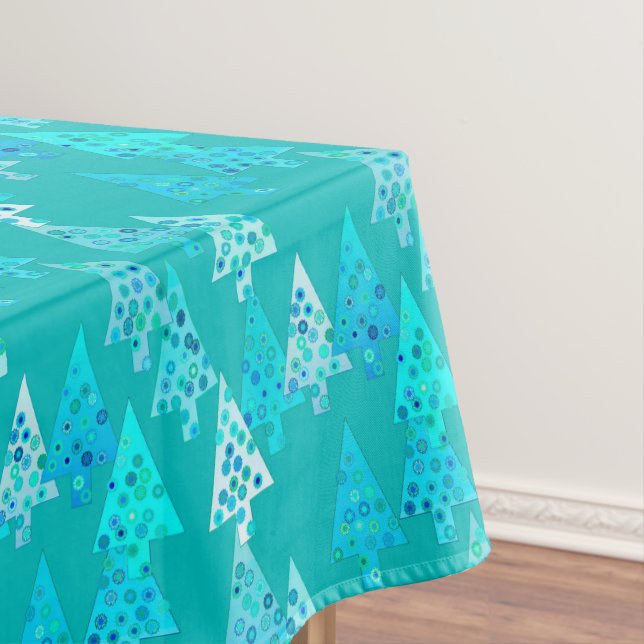 Modern Flower Christmas Trees, Turquoise and Aqua  Tablecloth (In Situ)