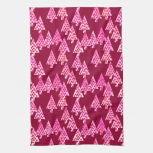 Modern flower Christmas trees - wine & pink Tea Towel