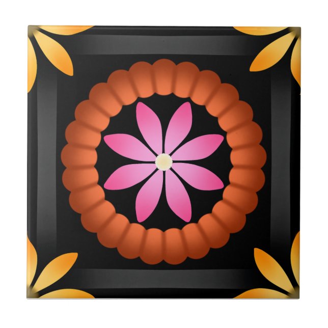 Modern Flower design on black background  Ceramic Tile (Front)