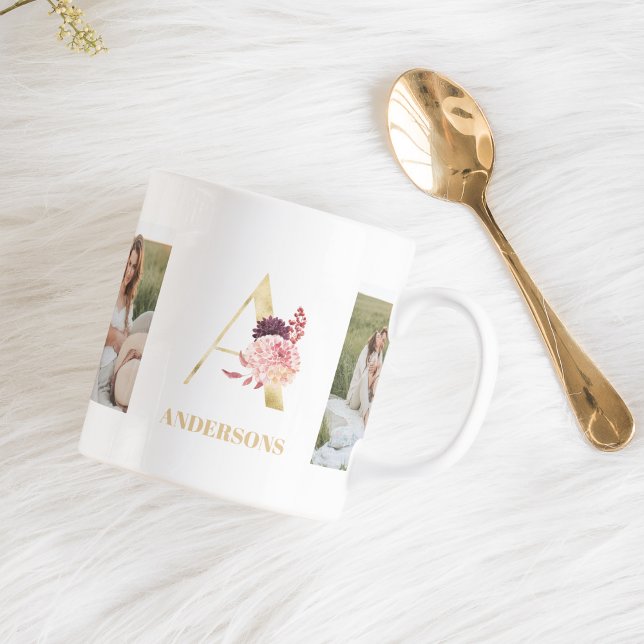 Modern Flower Gold Letter A | Two Photo Monogram Coffee Mug (Creator Uploaded)